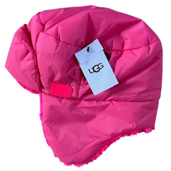 UGG ALL WEATHER TRAPPER HAT WOMEN L/XL COSMO PINK FAUX FUR LINED FLAT CROWN - Picture 1 of 8